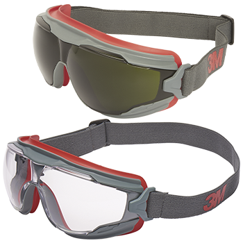 occhiali protettivi a mascherina con imbottitura rossa, lente traparente o colorata e fascia elastica regolabile grigia