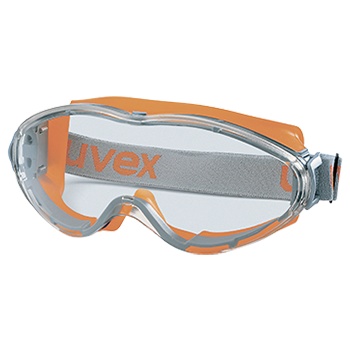 occhiali protettivi a mascherina con imbottitura arancione, lente traparente e fascia elastica regolabile grigia